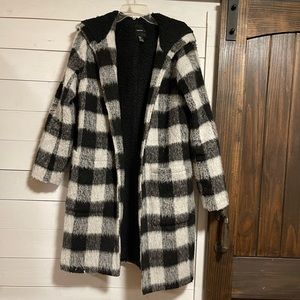 Large checkered fuzzy long coat